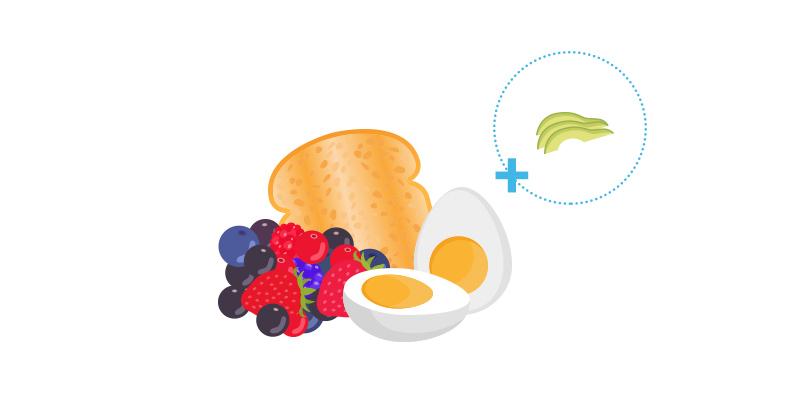 Illustration feating berries, hard-boiled eggs, toast and avocado on a plate
