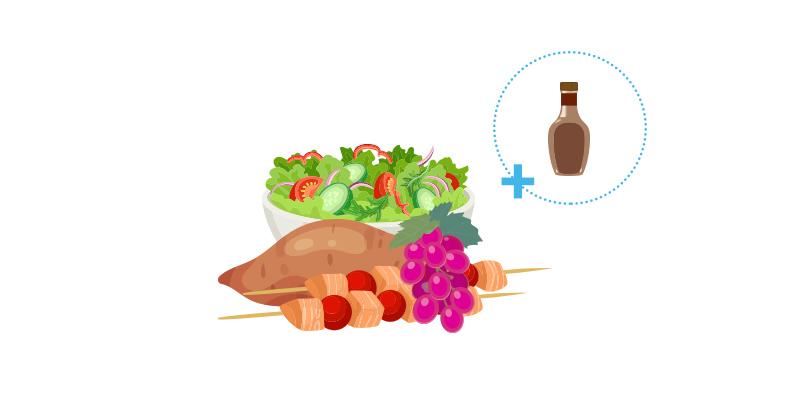 Illustration of plate with salad, chicken, and sweet potatoes