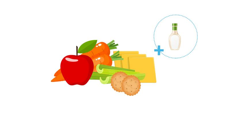 Illustration of plate with vegetables, cheese, and crackers