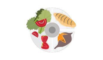 Illustration of a plate containing various foods: Fish, vegetables, other proteins