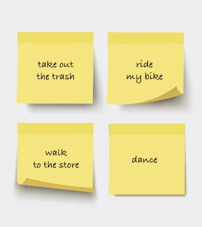 Post-it notes that read: Take out the trash; ride my bike; walk to the store; dance