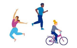 Icon: Illustration of kids leaping, running, and riding a bike