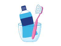 Icon: Water of bottle and tooth brush rest inside cup