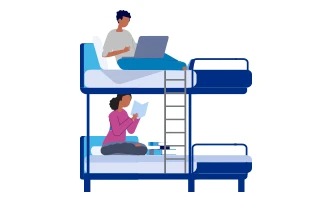 Icon: Children sit on each level of a bunk bed, one viewing laptop, the other reading a book
