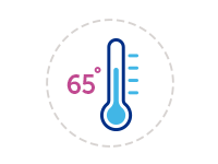 Icon: Verbal thermometer registering at 65 degrees Fahrenheit