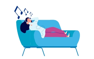 Icon: Illustration of girl laying on couch listening to music