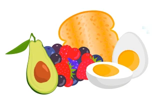 Icon: Depiction of multiple foods, including bread, hard-boiled egg, avocado, and different berries