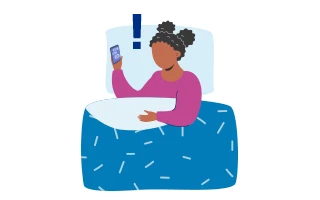 Girl holds phone in right hand while laying in bed, with exclamation point over picture