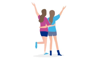 Icon: Illustration of two girls facing forward, waving with one hand and putting their other hand around their friend's back