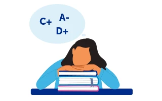 Icon: Child rests chin on stack of books sitting on desk. Grade bubble above head reads: "A-, C+, D+"