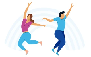 Icon: Man and woman jumping in front of a rainbow