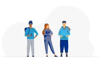 Icon: Teen girl stands in between two teen boys wearing backpacks