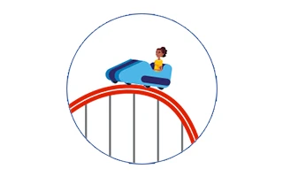 Icon: Illustration of roller coaster car at top of roller coaster with person inside