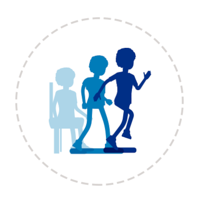 Illustration of child making gradual transition from sitting in chair to walking