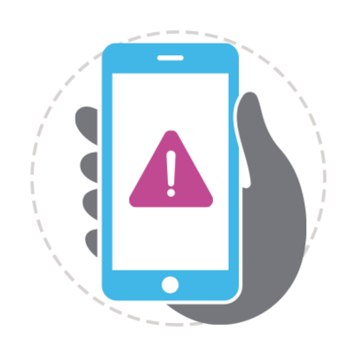 Hand holds smartphone, which has a "danger" sign on screen