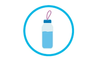 Icon: Partly empty water bottle depicted inside a circle