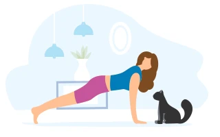 Icon:: Woman does pushups indoors with a cat sitting nearby