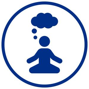 Illustration of person in yoga pose with clouds over person's head. Entire image is inside a circle.